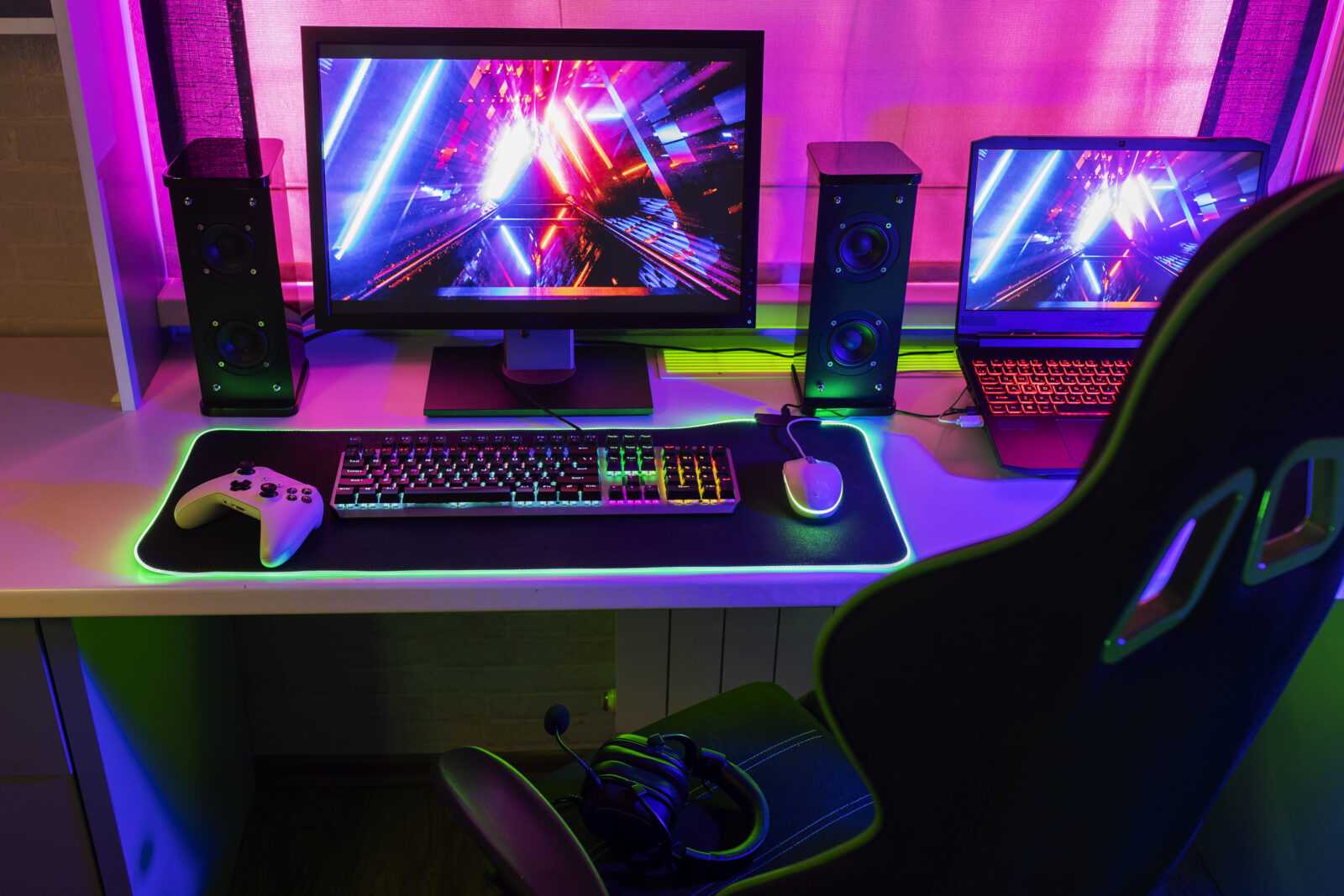high angle gaming setup with computer