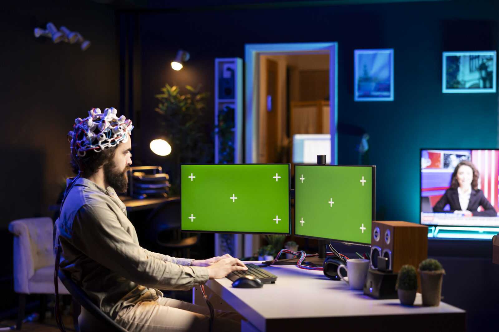 it expert using high tech neuroscientific gear mockup desktop pc